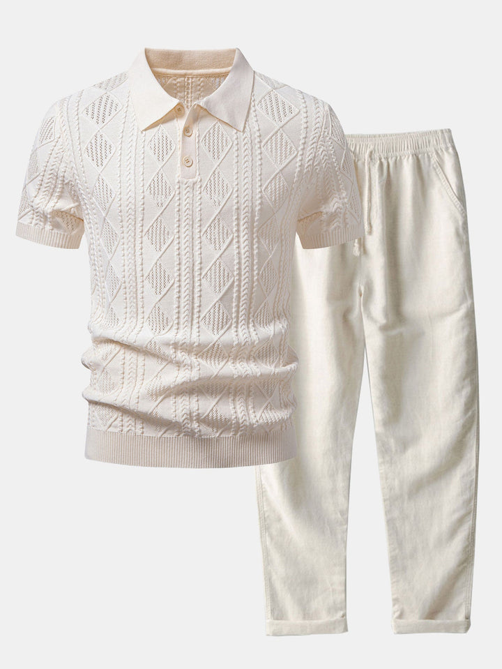 Geometric Jacquard Open Knit Polo &amp; Straight Leg Linen Pants