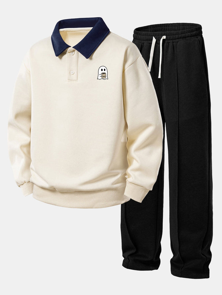 Relax Fit Ghost Drinking Coffee Print Contrast Polo Sweatshirt &amp; Straight Leg Pleated Pintuck Sweatpants