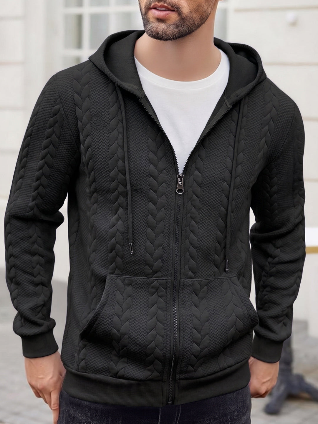 Casual Embossed Zip-Up Hoodie