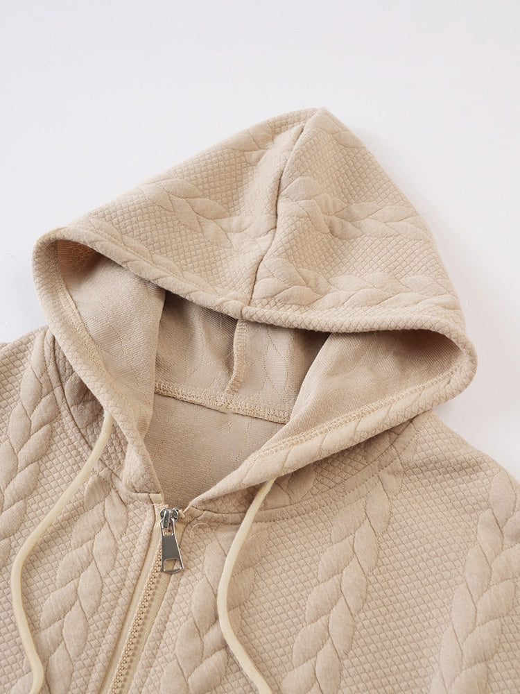 Casual Embossed Zip-Up Hoodie