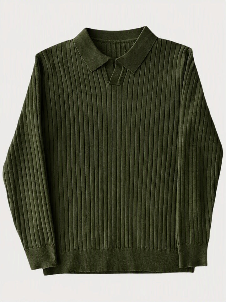 Minimalist Long Sleeve Ribbed Knit Polo Shirt