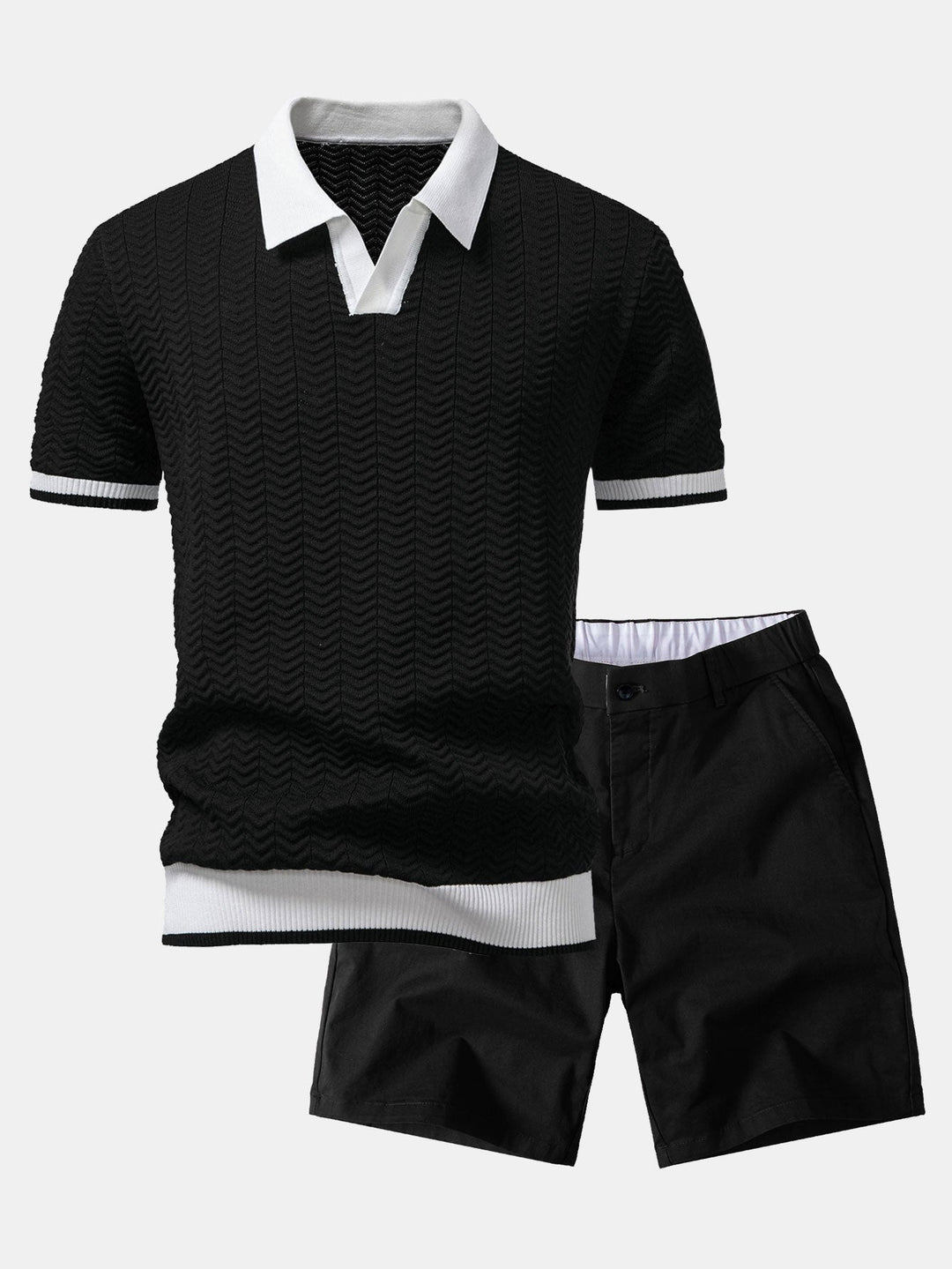 Texture Contrast Knitted V Neck Polo Shirt &amp; Elastic Waist Chino Shorts