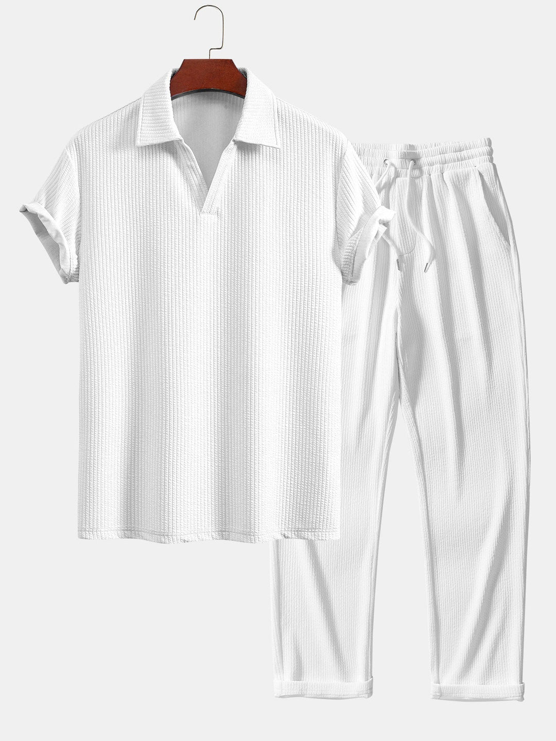 Short Sleeved V-Neck Ribbed Polo &amp; Straight Leg Ribbed Pants