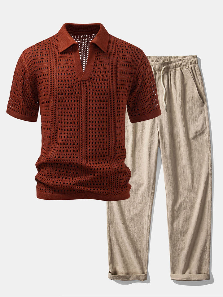 Crochet  V Neck Polo Shirt &amp; Crinkle Textured Straight Leg Pants
