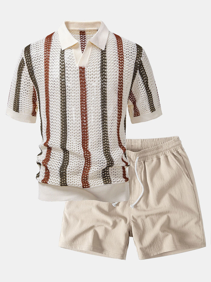 Striped Crochet V Neck Polo &amp; Crinkle Textured Drawstring 5" Shorts