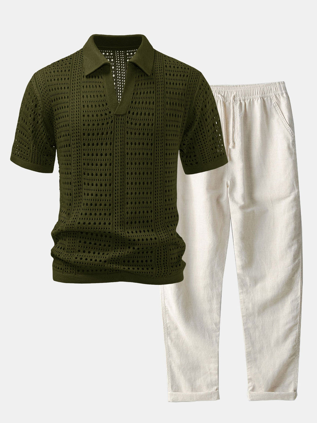 Crochet  V Neck Polo Shirt &amp; Straight Leg Linen Pants