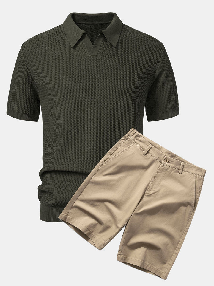 Wave Jacquard Knit V Neck Polo Shirt &amp; Cotton Chino Shorts