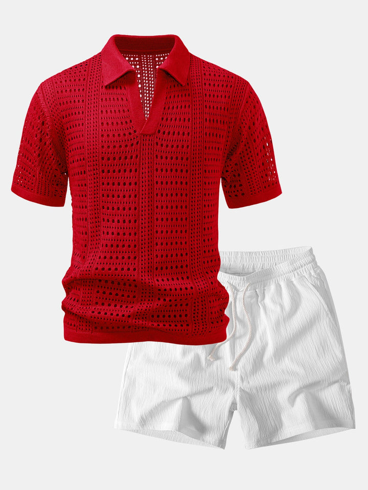 Crochet  V Neck Polo Shirt &amp; Crinkle Textured Drawstring 5" Shorts