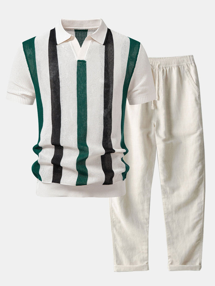 Stripe V Neck Knit Polo &amp; Straight Leg Linen Pants