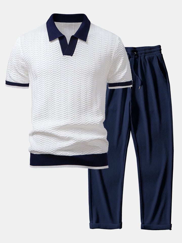 Texture Contrast Knitted V Neck Polo Shirt &amp; Straight Leg Ribbed Pants