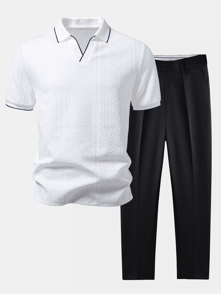 Geometric Jacquard V Neck Polo &amp; Slim Fit Tapered Trousers