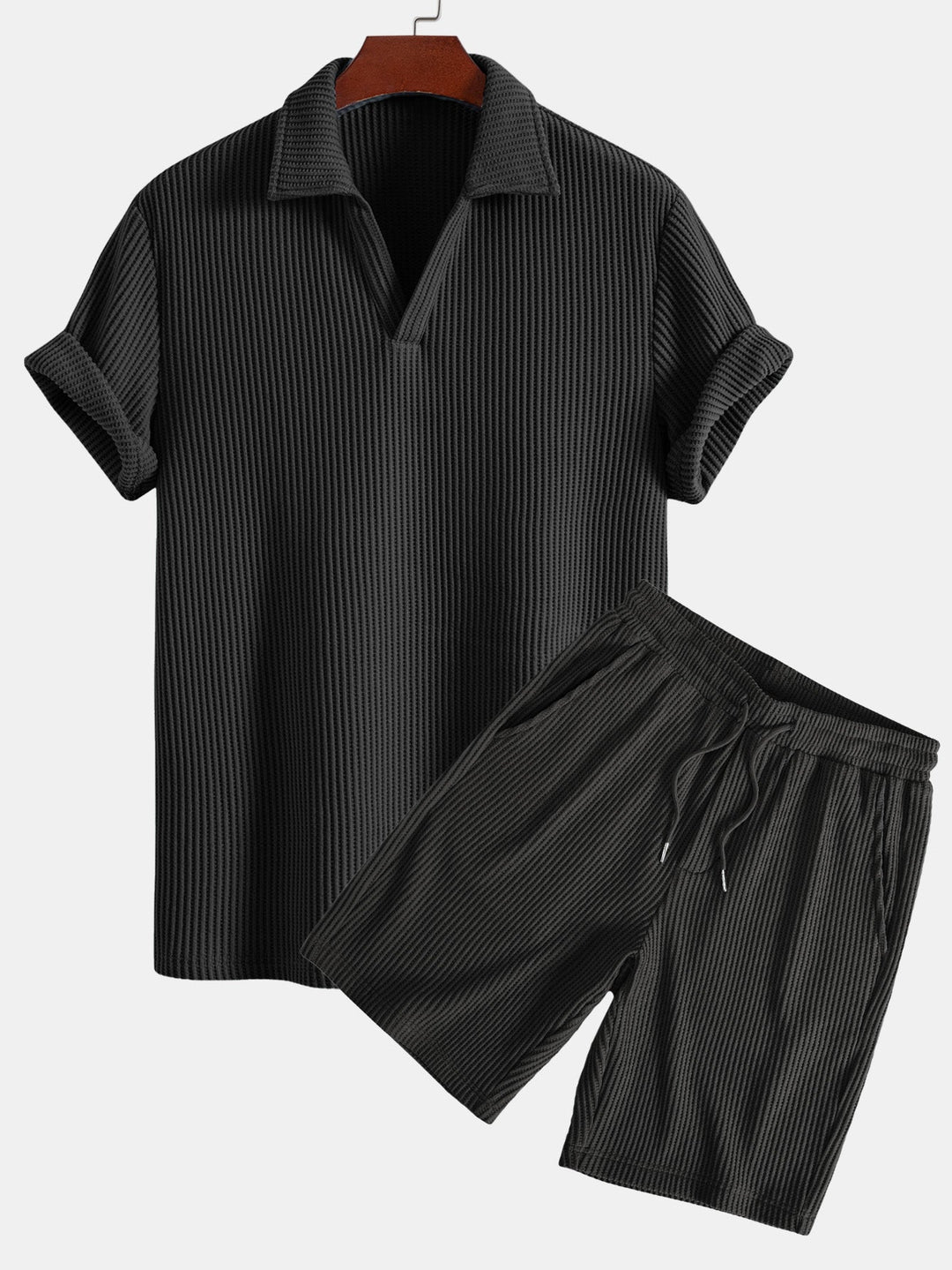 Short Sleeved Waffle V-neck Polo &amp; Drawstring Knitted Waffle Shorts