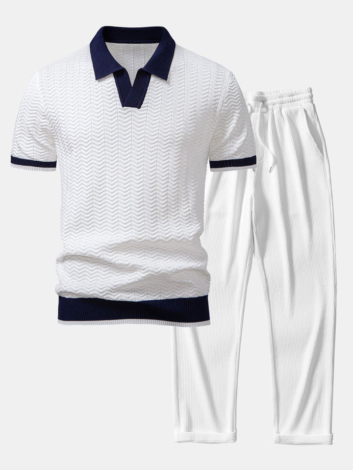 Texture Contrast Knitted V Neck Polo Shirt &amp; Straight Leg Ribbed Pants