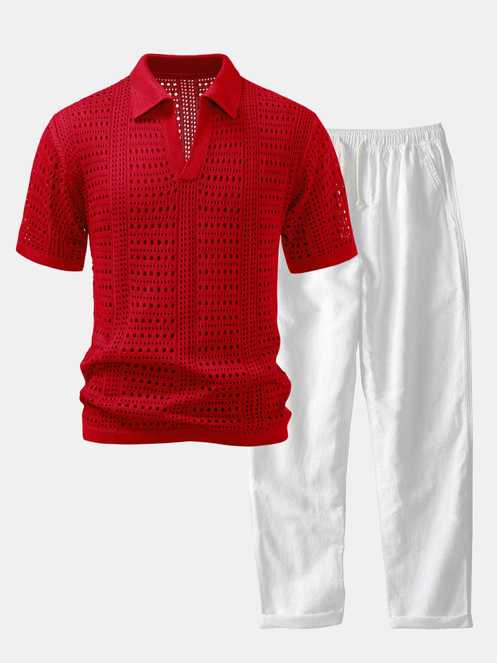 Crochet  V Neck Polo Shirt &amp; Straight Leg Linen Pants