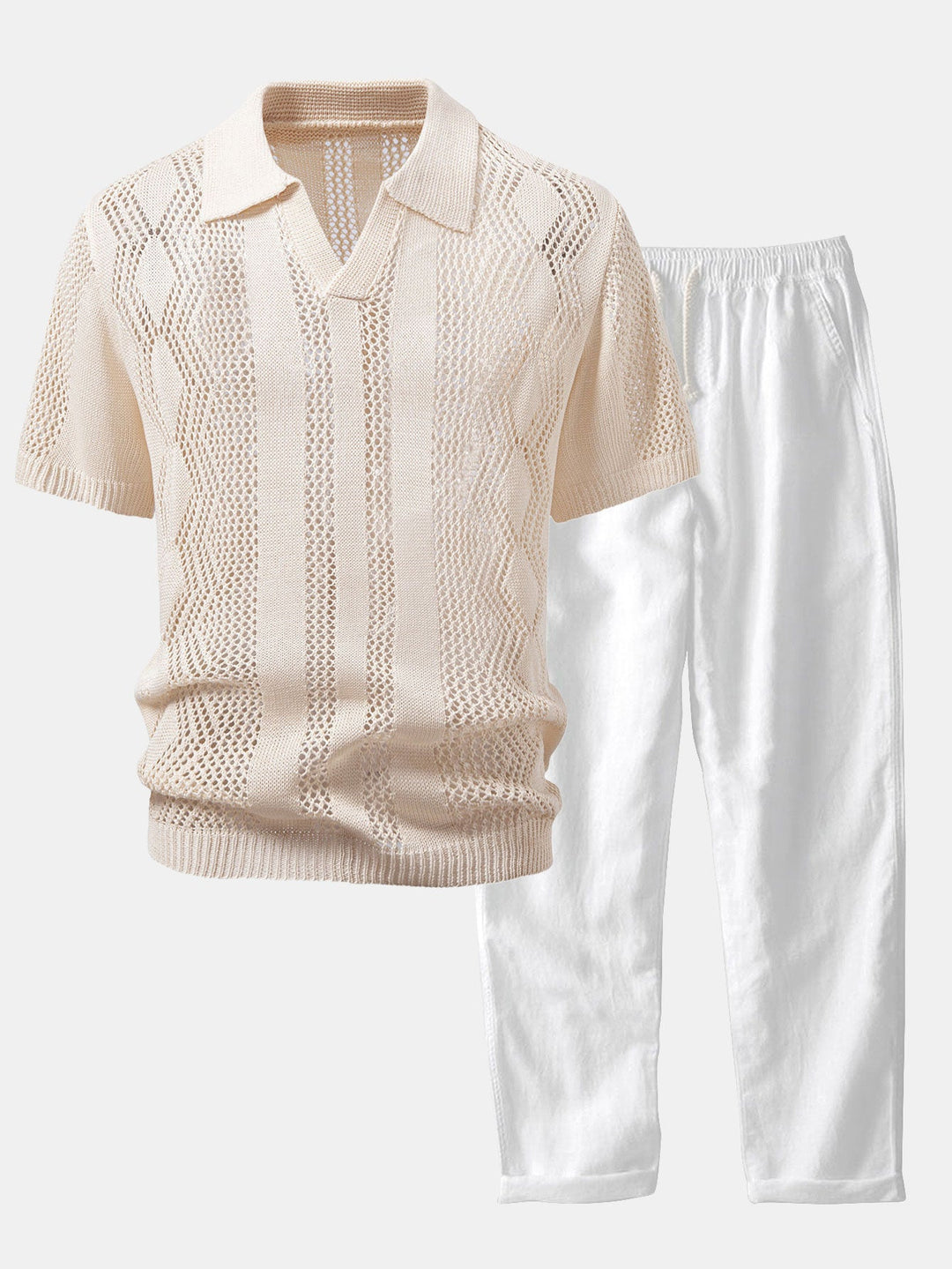 Relax Fit Geometry Crochet V Neck Knit Polo &amp; Straight Leg Linen Pants