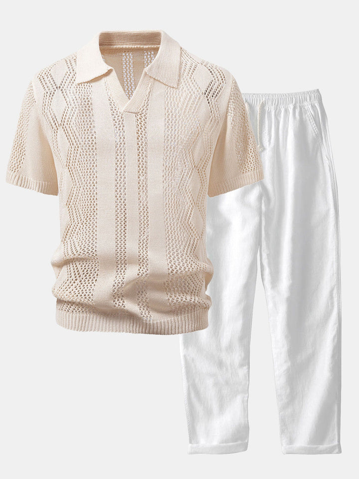 Relax Fit Geometry Crochet V Neck Knit Polo &amp; Straight Leg Linen Pants