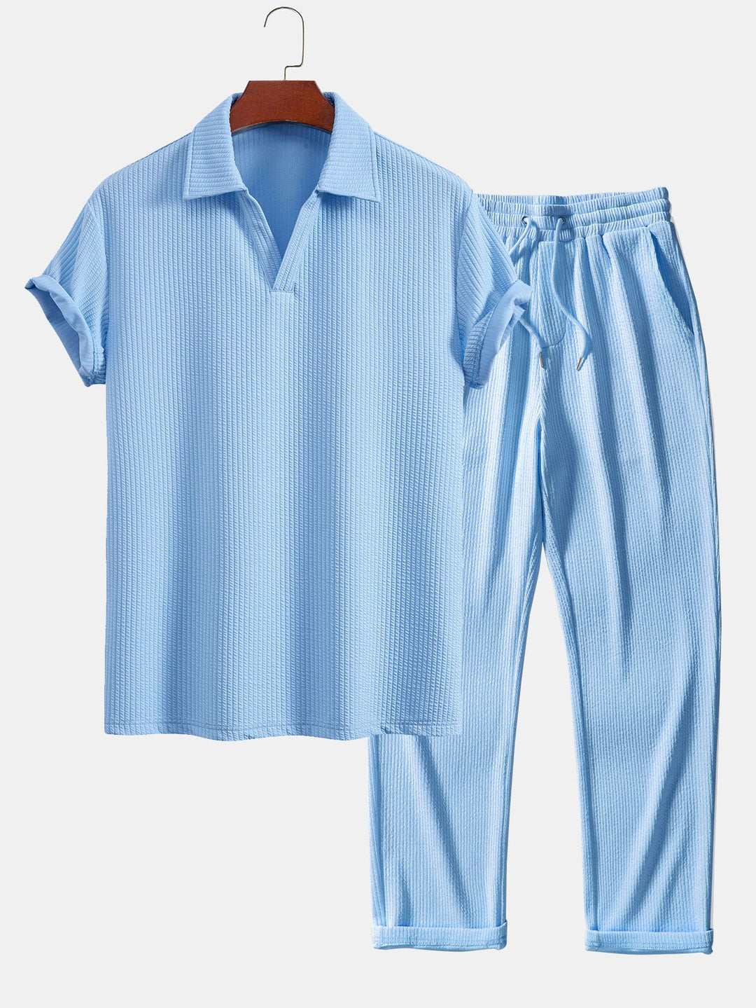 Short Sleeved V-Neck Ribbed Polo &amp; Straight Leg Ribbed Pants