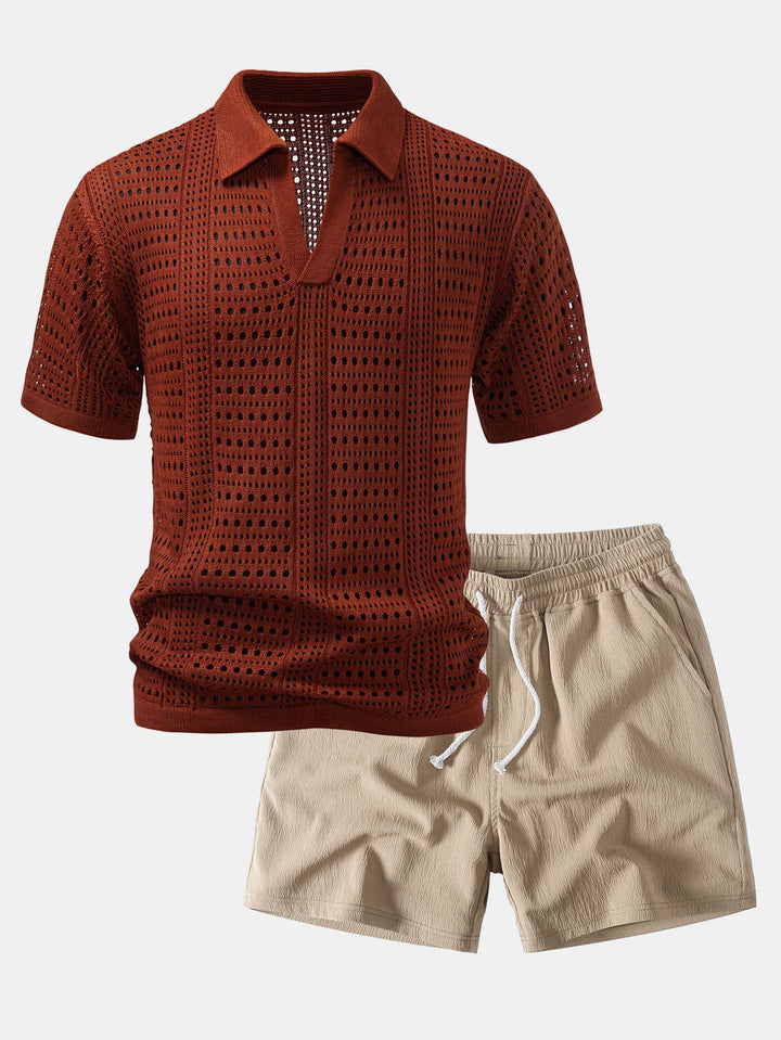 Crochet  V Neck Polo Shirt &amp; Crinkle Textured Drawstring 5" Shorts