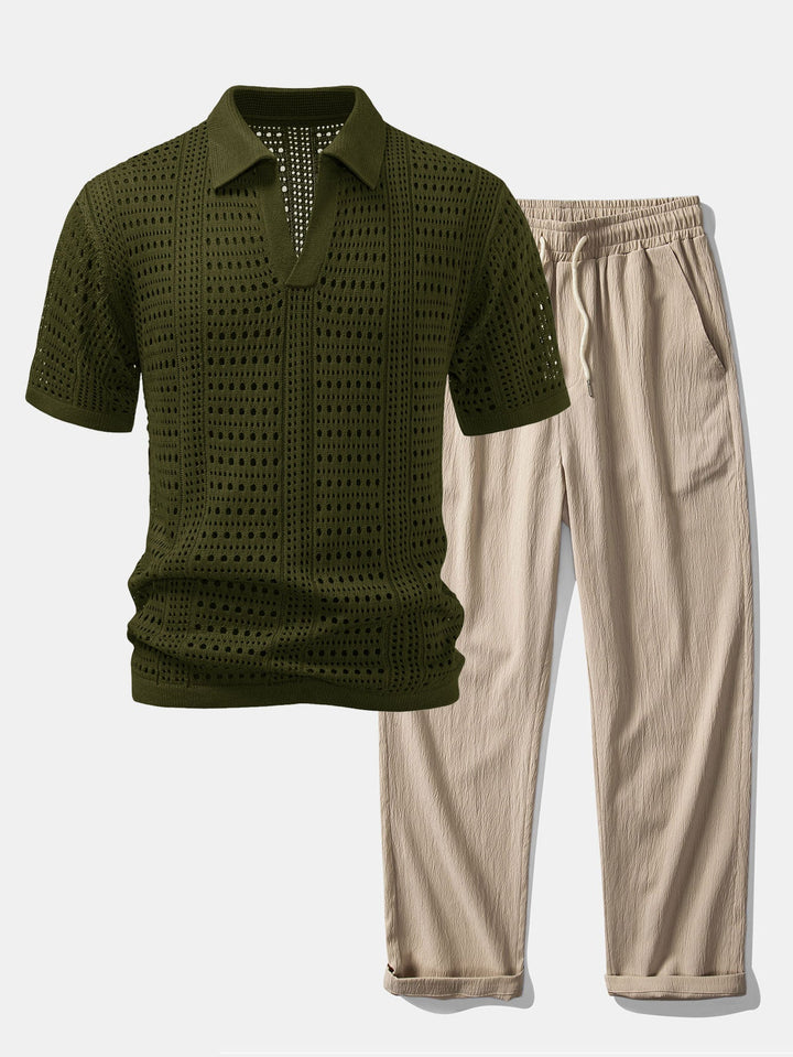 Crochet  V Neck Polo Shirt &amp; Crinkle Textured Straight Leg Pants
