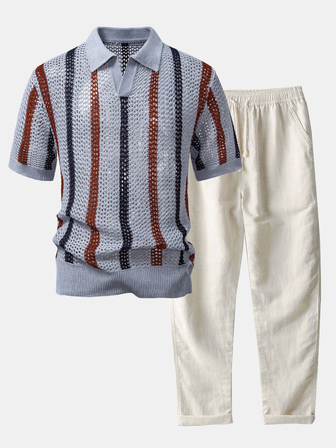 Striped Crochet V Neck Polo &amp; Straight Leg Linen Pants