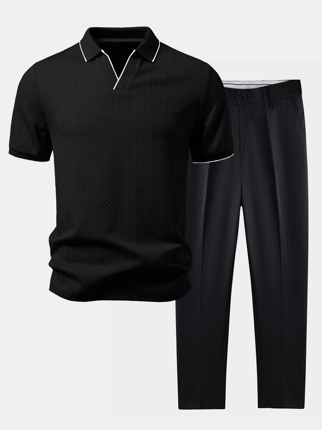Geometric Jacquard V Neck Polo &amp; Slim Fit Tapered Trousers