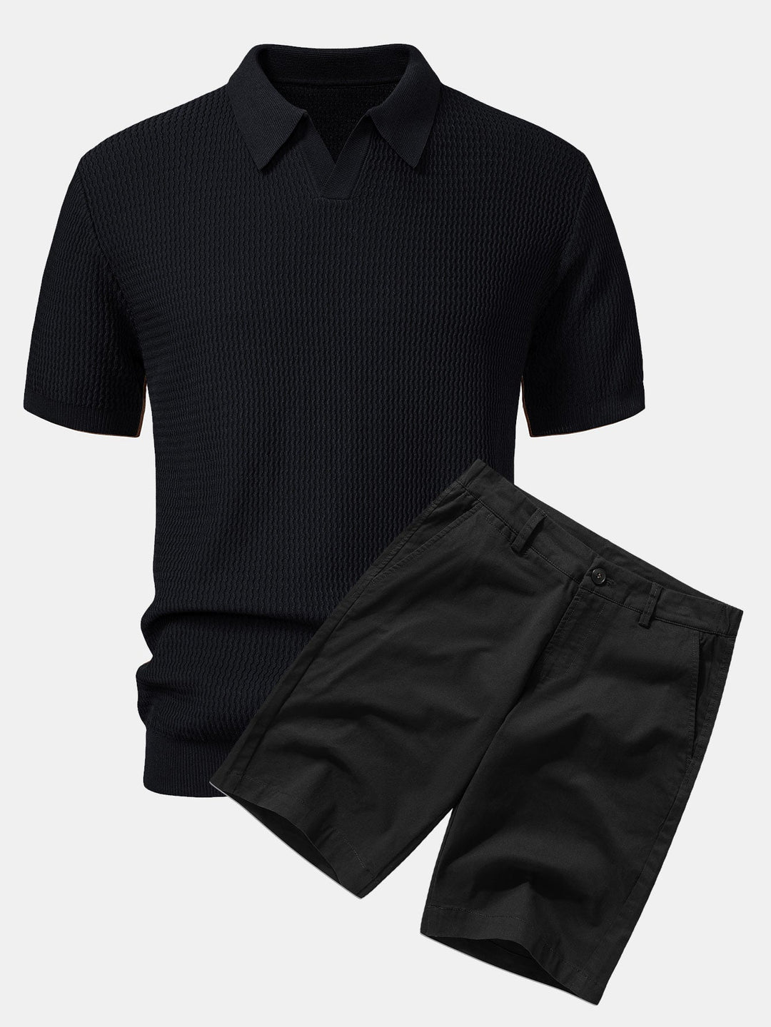 Wave Jacquard Knit V Neck Polo Shirt &amp; Cotton Chino Shorts