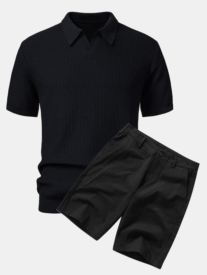 Wave Jacquard Knit V Neck Polo Shirt &amp; Cotton Chino Shorts