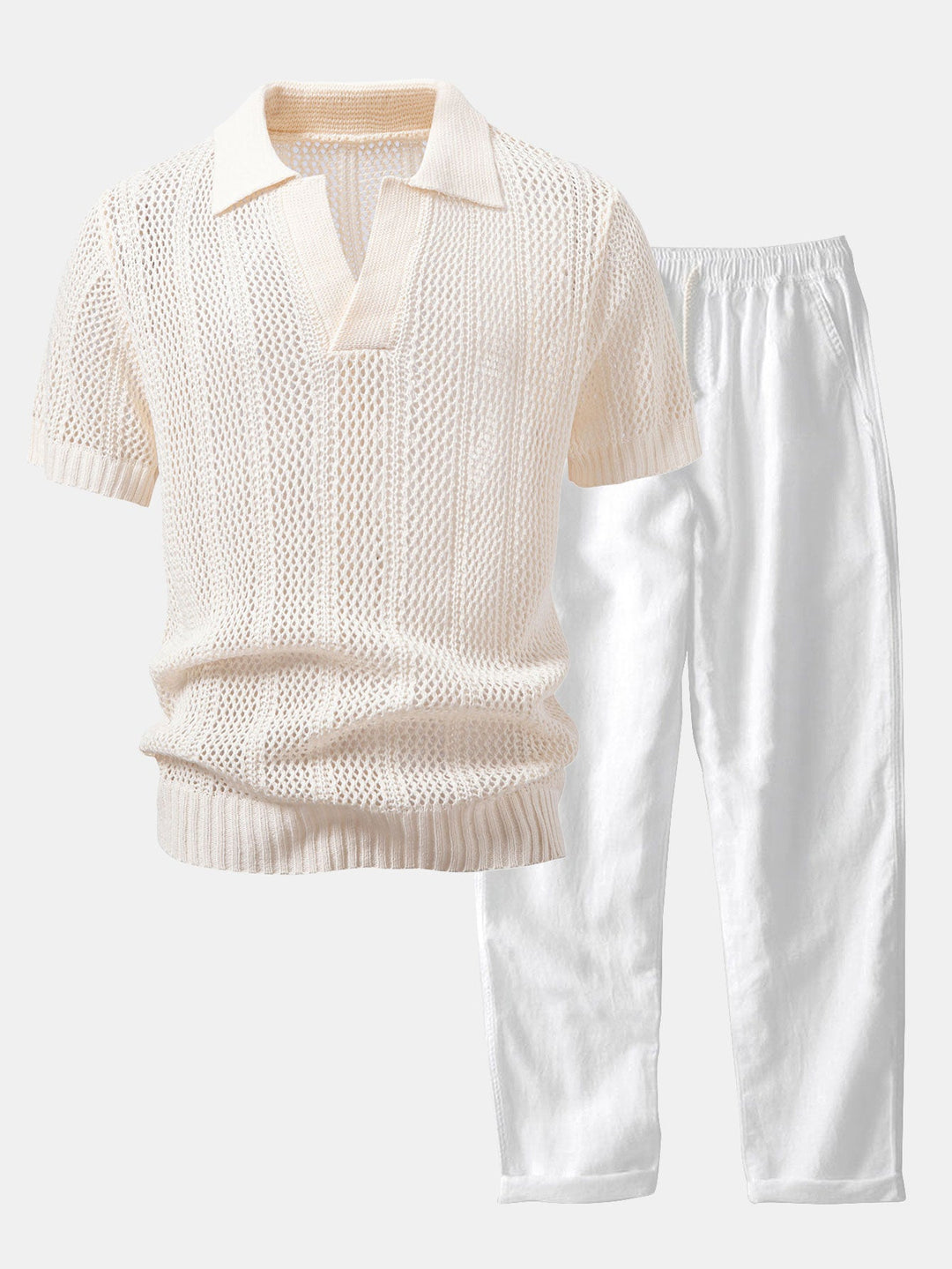 Relax Fit Crochet V Neck Knit Polo &amp; Straight Leg Linen Pants