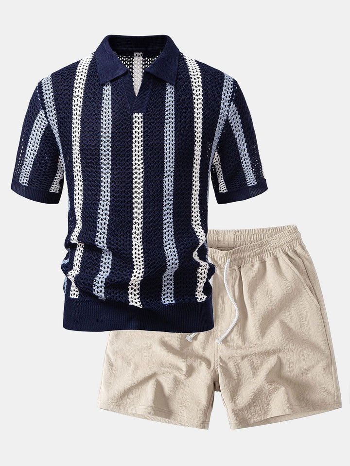 Striped Crochet V Neck Polo &amp; Crinkle Textured Drawstring 5" Shorts