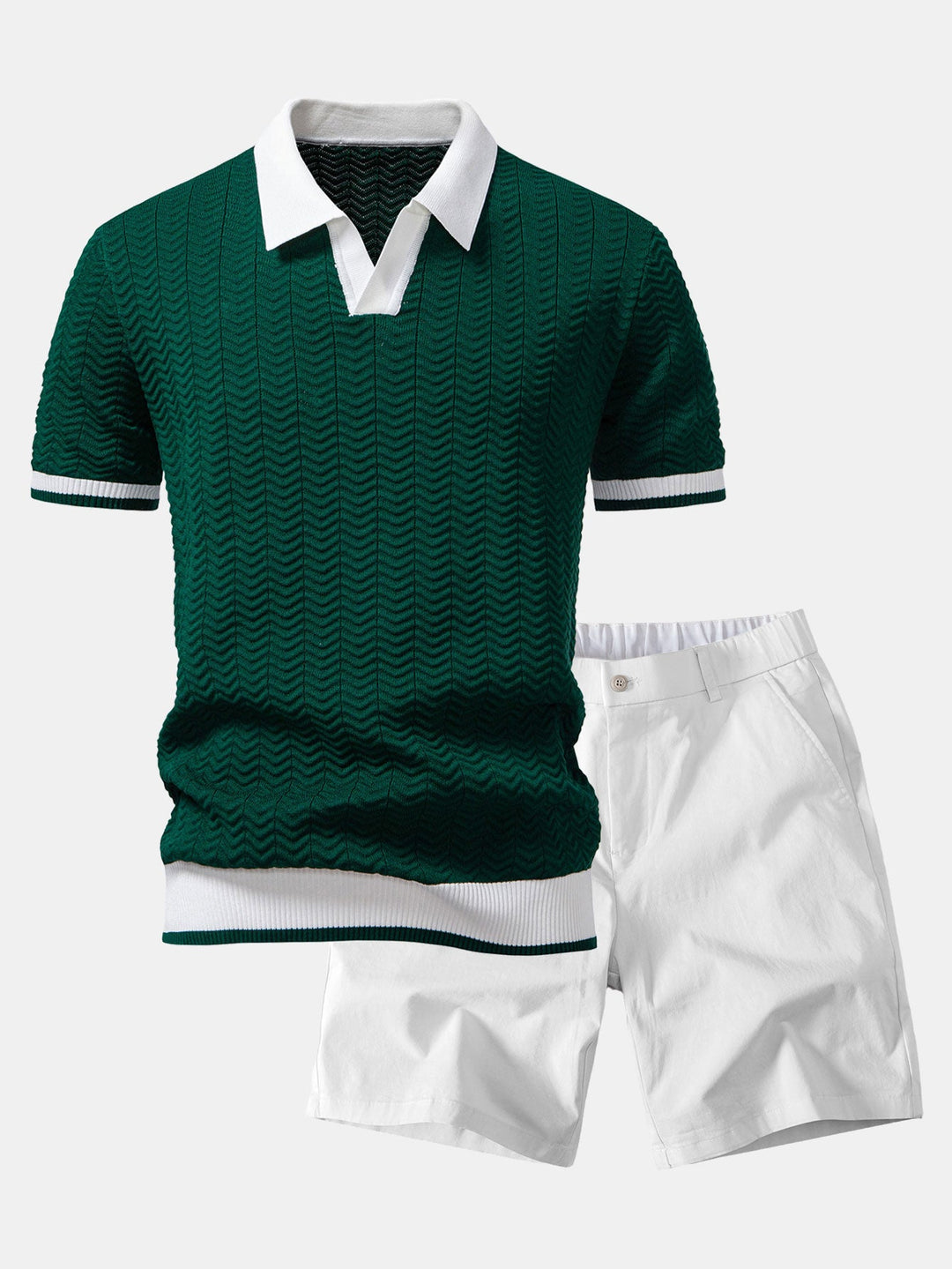 Texture Contrast Knitted V Neck Polo Shirt &amp; Elastic Waist Chino Shorts