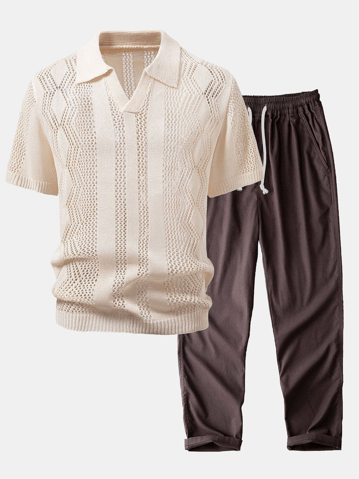 Relax Fit Geometry Crochet V Neck Knit Polo &amp; Straight Leg Linen Pants