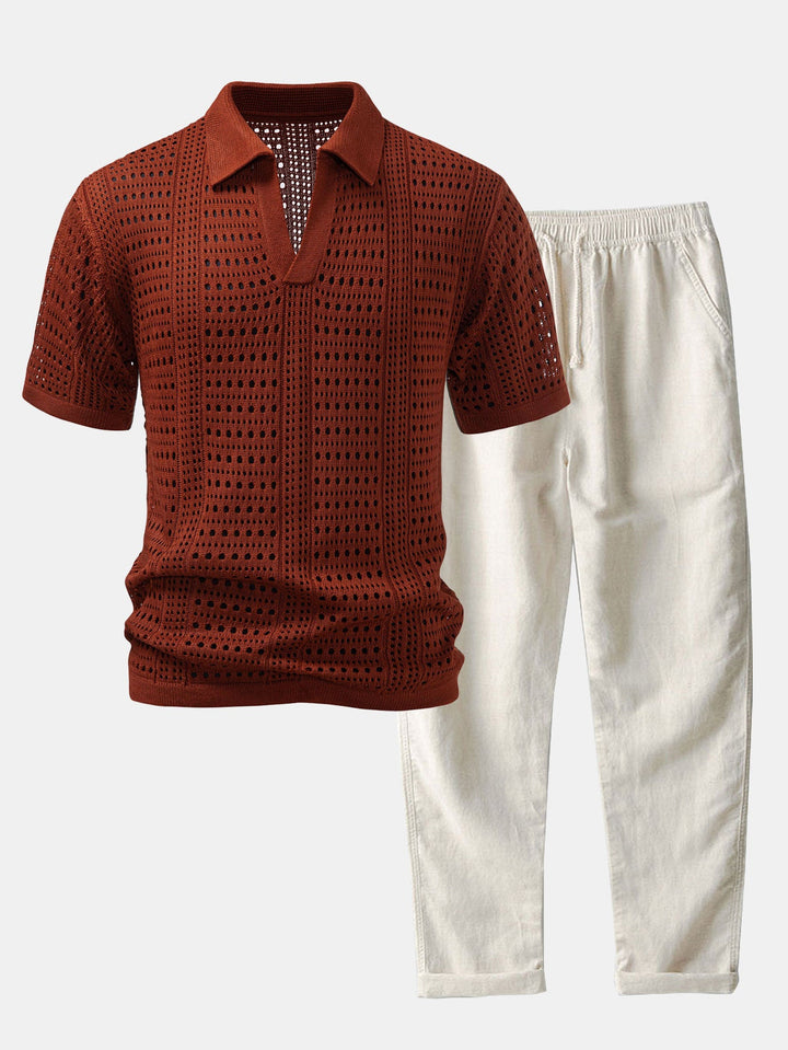 Crochet  V Neck Polo Shirt &amp; Straight Leg Linen Pants