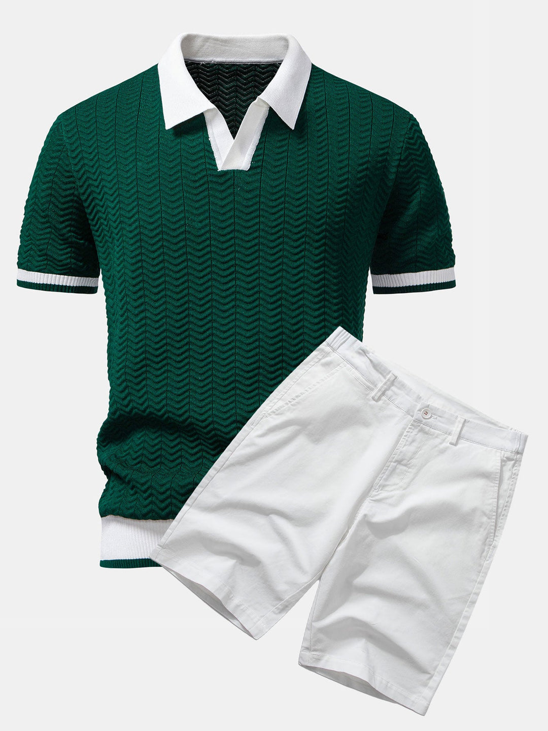 Texture Contrast Knitted V Neck Polo Shirt &amp; Cotton Chino Shorts