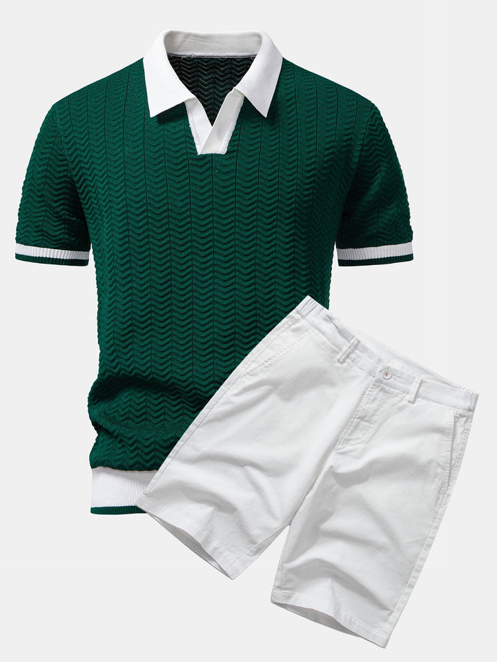 Texture Contrast Knitted V Neck Polo Shirt &amp; Cotton Chino Shorts