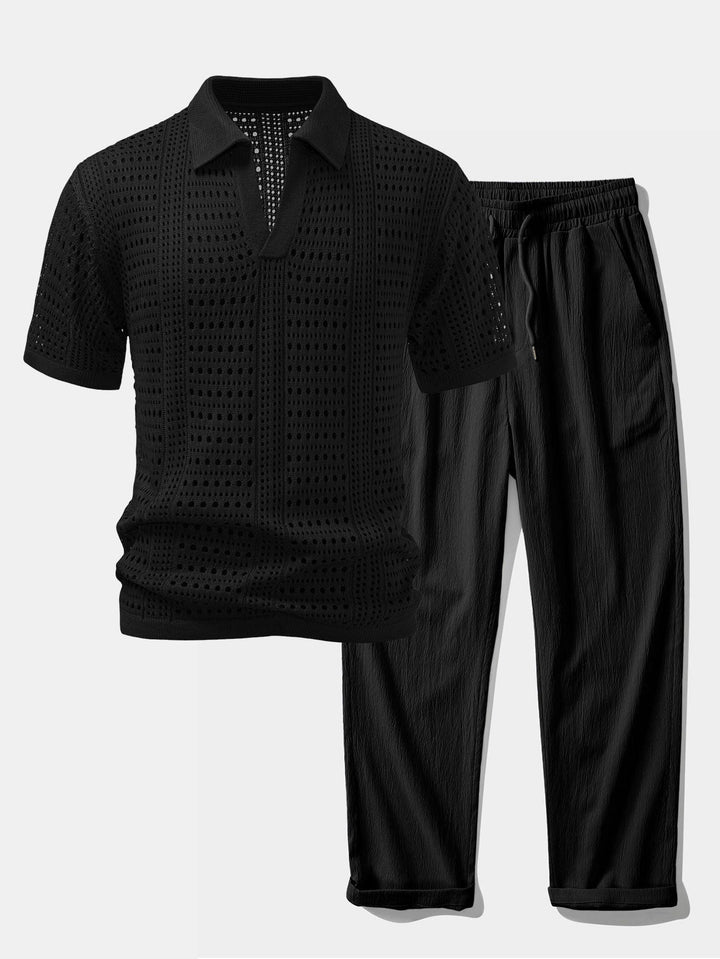 Crochet  V Neck Polo Shirt &amp; Crinkle Textured Straight Leg Pants