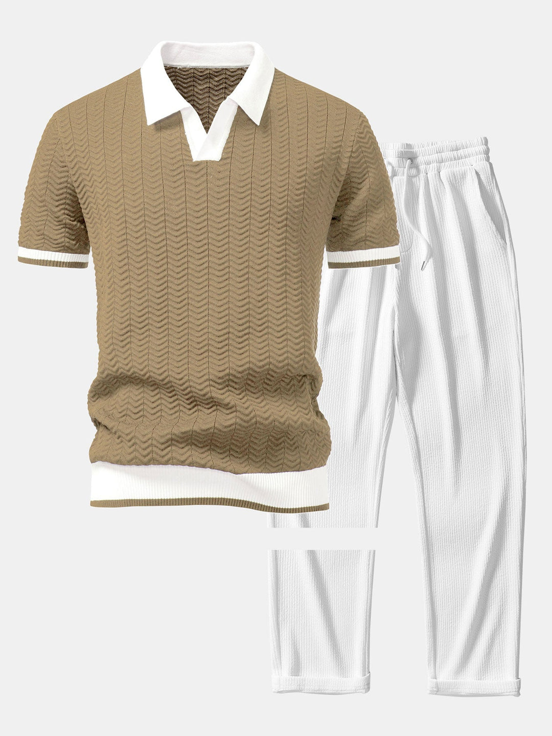 Texture Contrast Knitted V Neck Polo Shirt &amp; Straight Leg Ribbed Pants