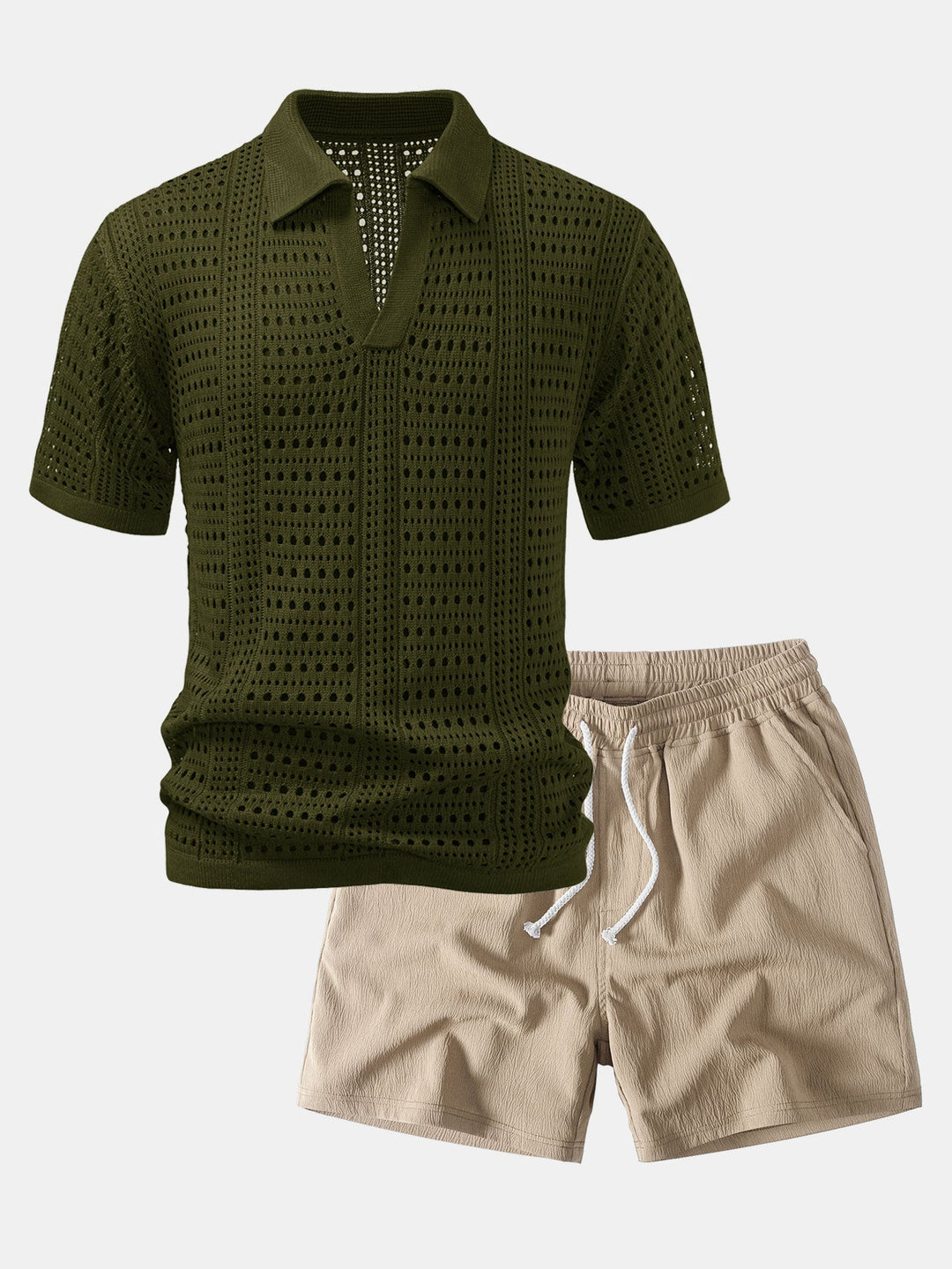 Crochet  V Neck Polo Shirt &amp; Crinkle Textured Drawstring 5" Shorts