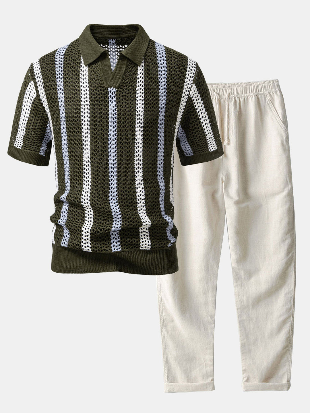 Striped Crochet V Neck Polo &amp; Straight Leg Linen Pants