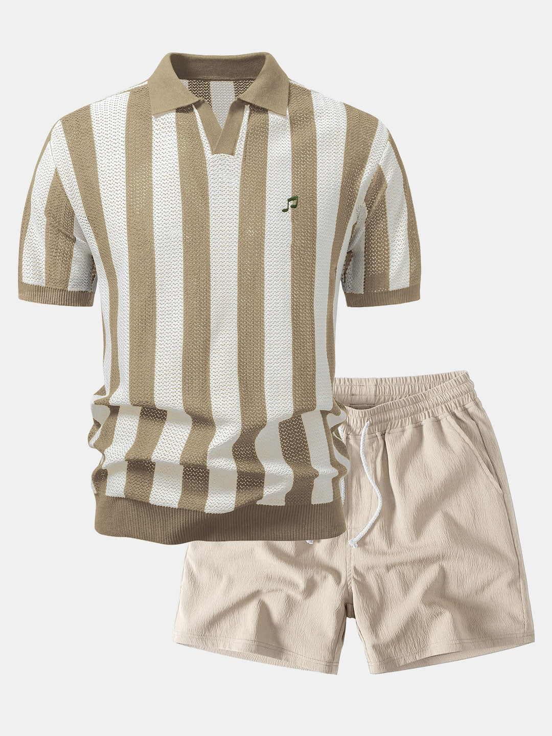 Striped V Neck Open Knit Polo &amp; Crinkle Textured Drawstring 5" Shorts