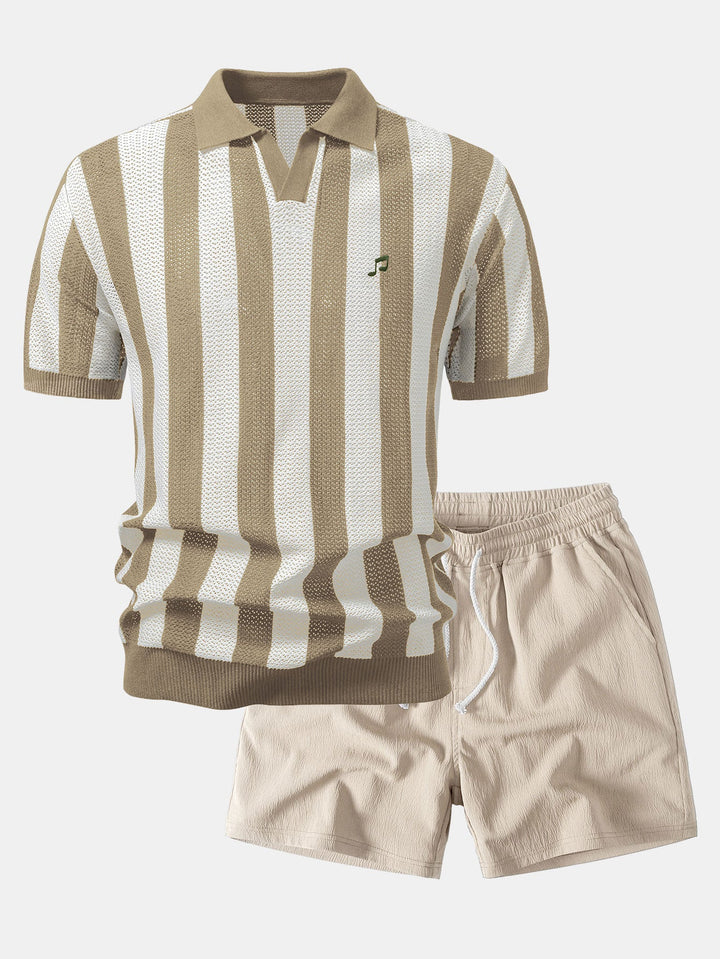Striped V Neck Open Knit Polo &amp; Crinkle Textured Drawstring 5" Shorts