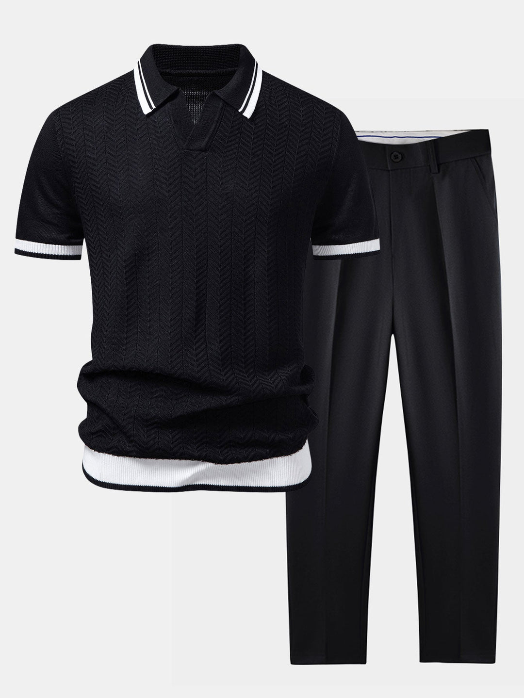 Contrast Textured Jacquard V Neck Knit Polo &amp; Slim Fit Tapered Trousers