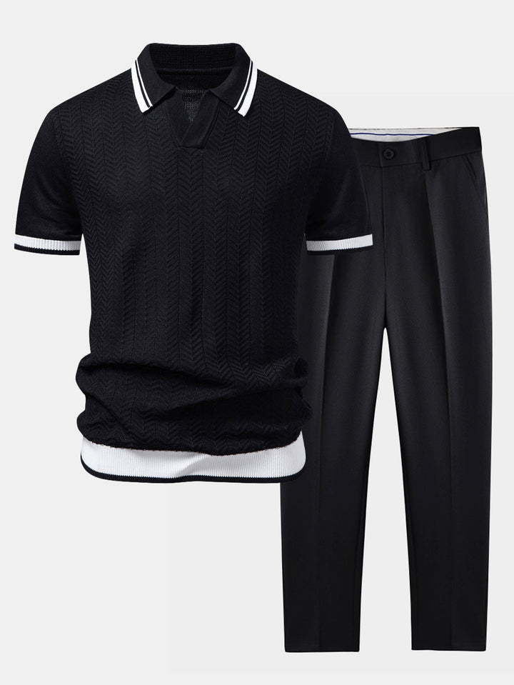 Contrast Textured Jacquard V Neck Knit Polo &amp; Slim Fit Tapered Trousers