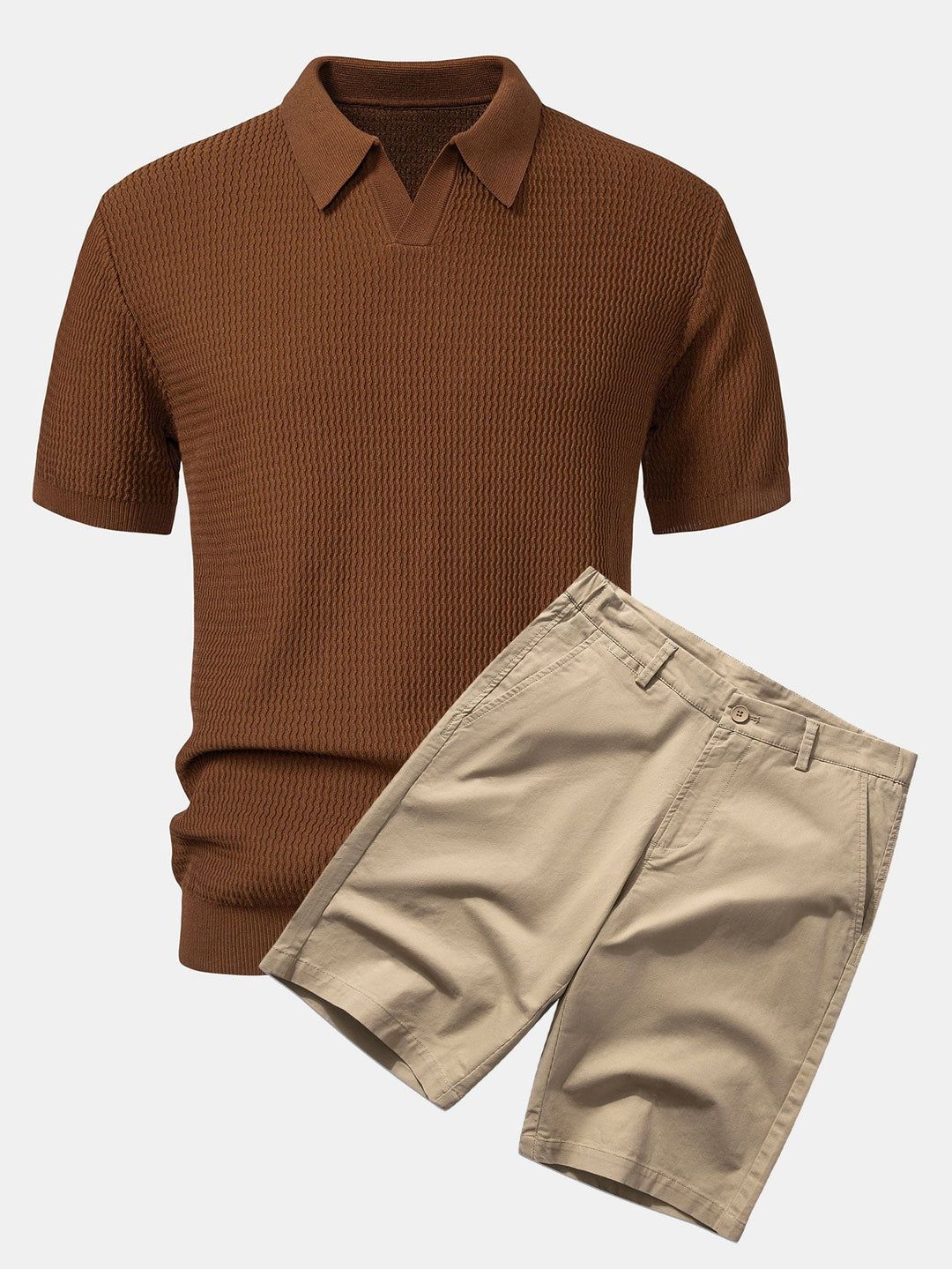 Wave Jacquard Knit V Neck Polo Shirt &amp; Cotton Chino Shorts