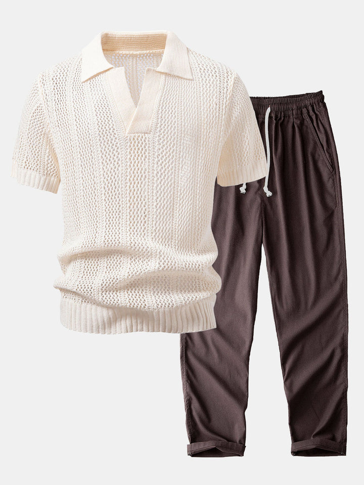 Relax Fit Crochet V Neck Knit Polo &amp; Straight Leg Linen Pants