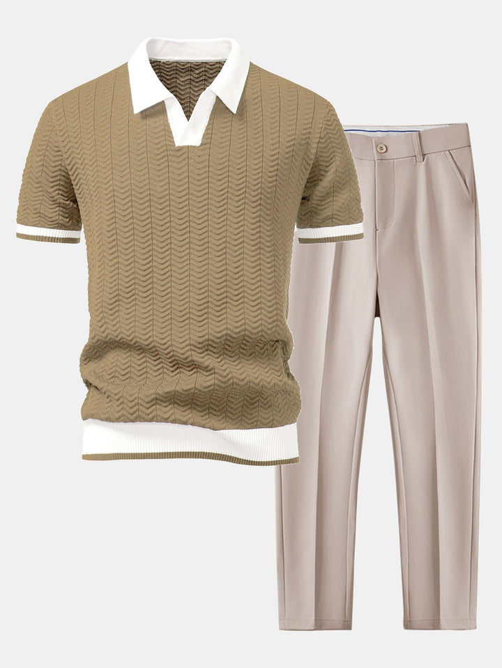 Texture Contrast Knitted V Neck Polo Shirt &amp; Slim Fit Tapered Trousers