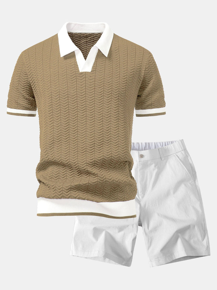 Texture Contrast Knitted V Neck Polo Shirt &amp; Elastic Waist Chino Shorts