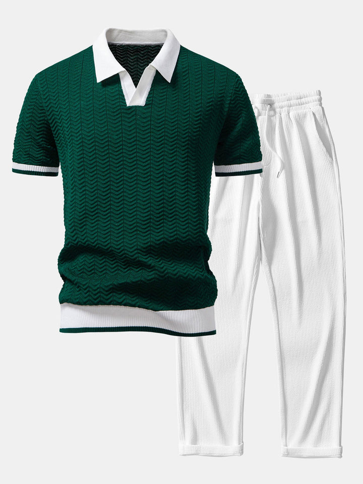 Texture Contrast Knitted V Neck Polo Shirt &amp; Straight Leg Ribbed Pants