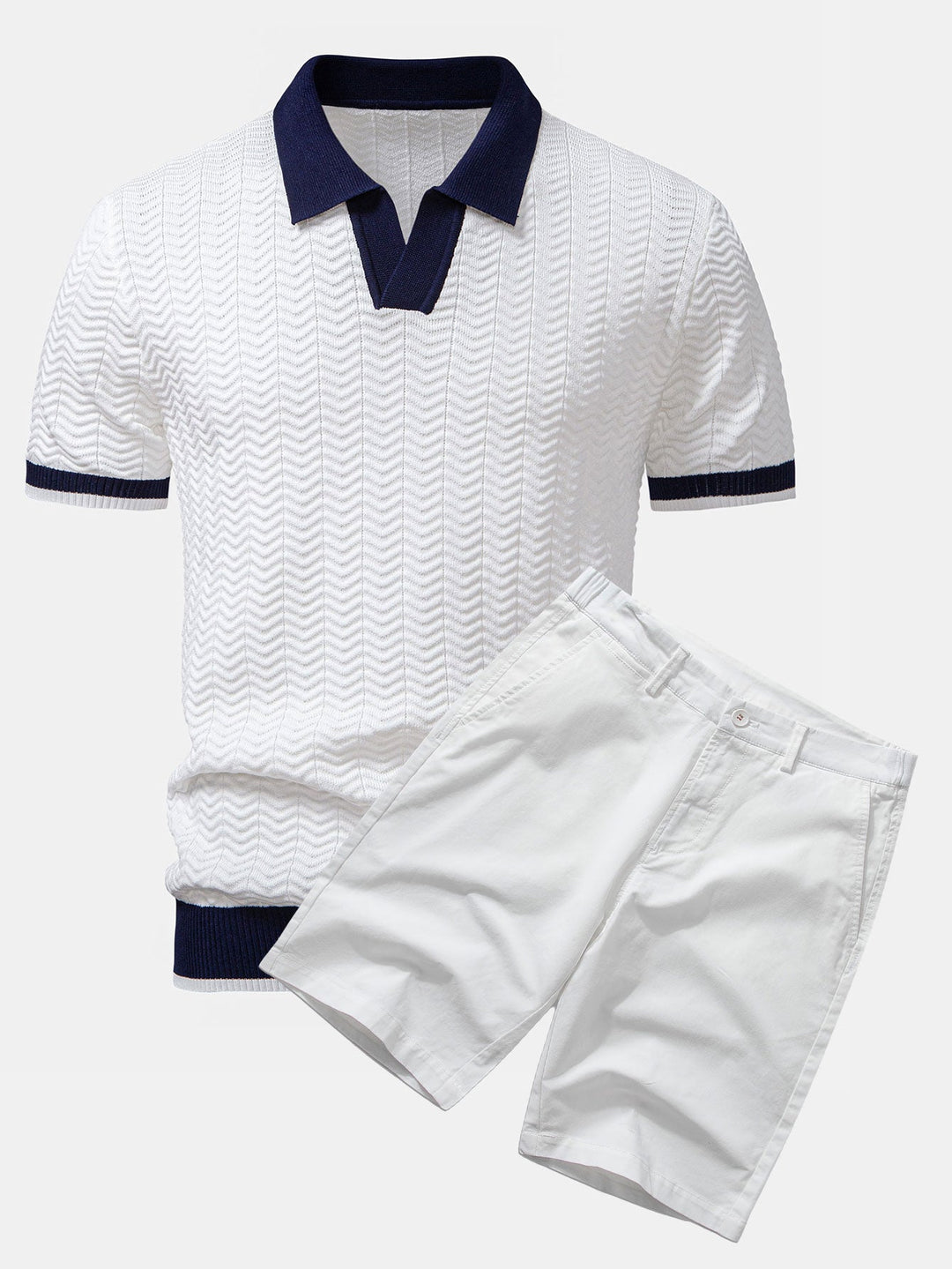 Texture Contrast Knitted V Neck Polo Shirt &amp; Cotton Chino Shorts
