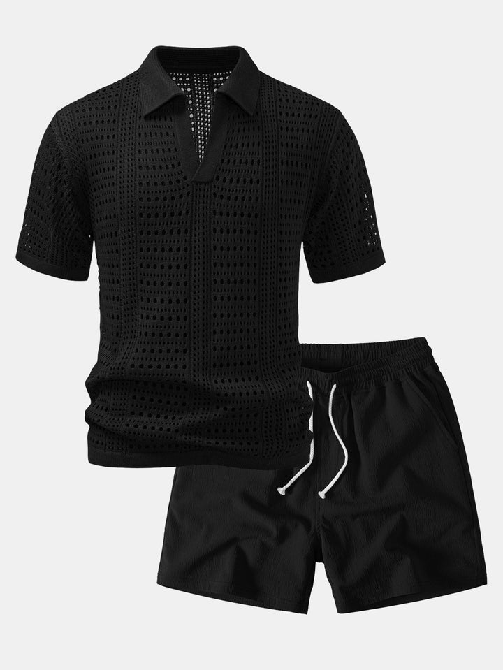 Crochet  V Neck Polo Shirt &amp; Crinkle Textured Drawstring 5" Shorts