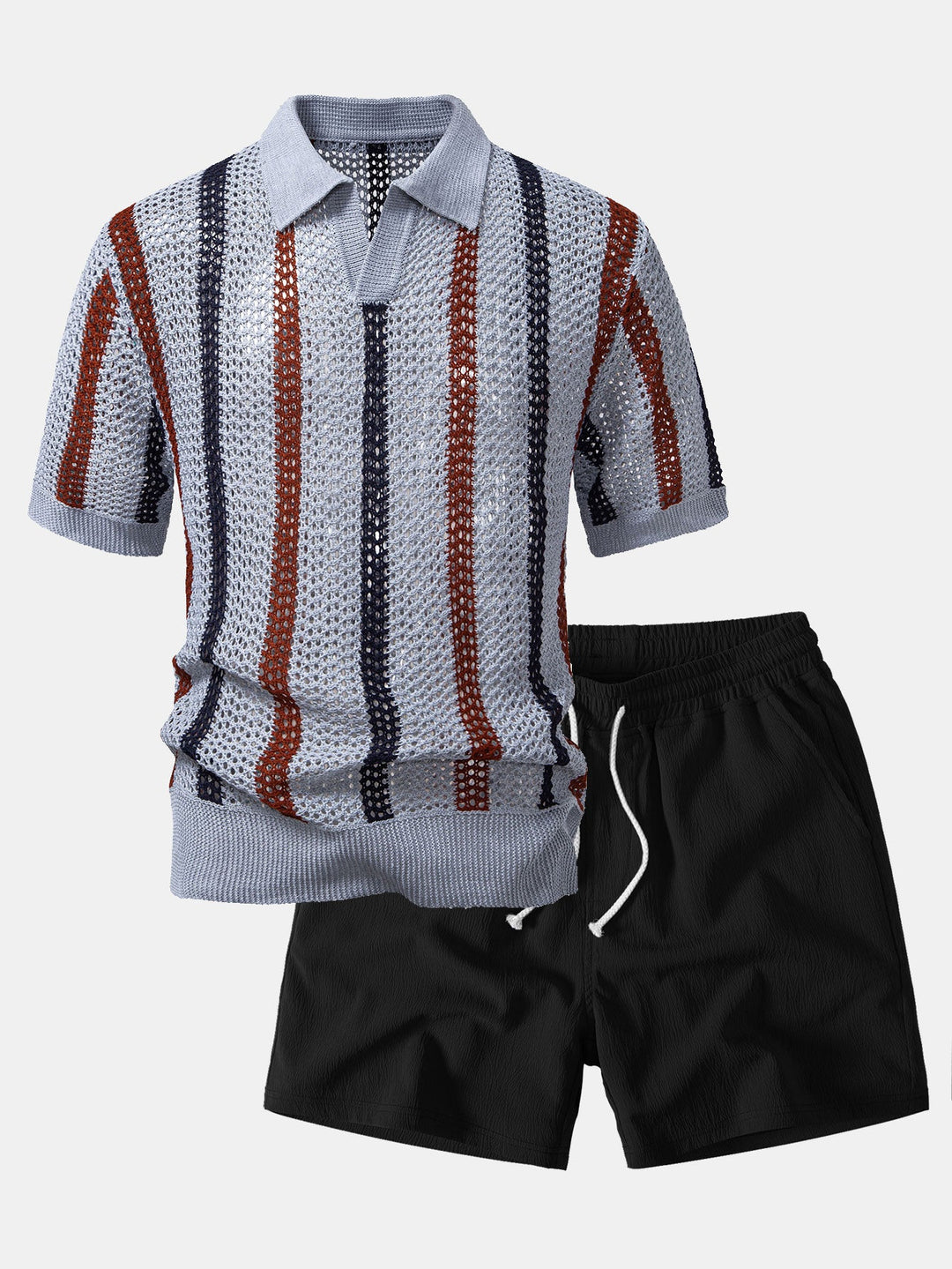 Striped Crochet V Neck Polo &amp; Crinkle Textured Drawstring 5" Shorts